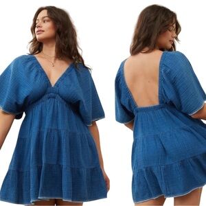 Aerie Gauzy Flutter Sleeve Dress Indigo Wash Size Medium